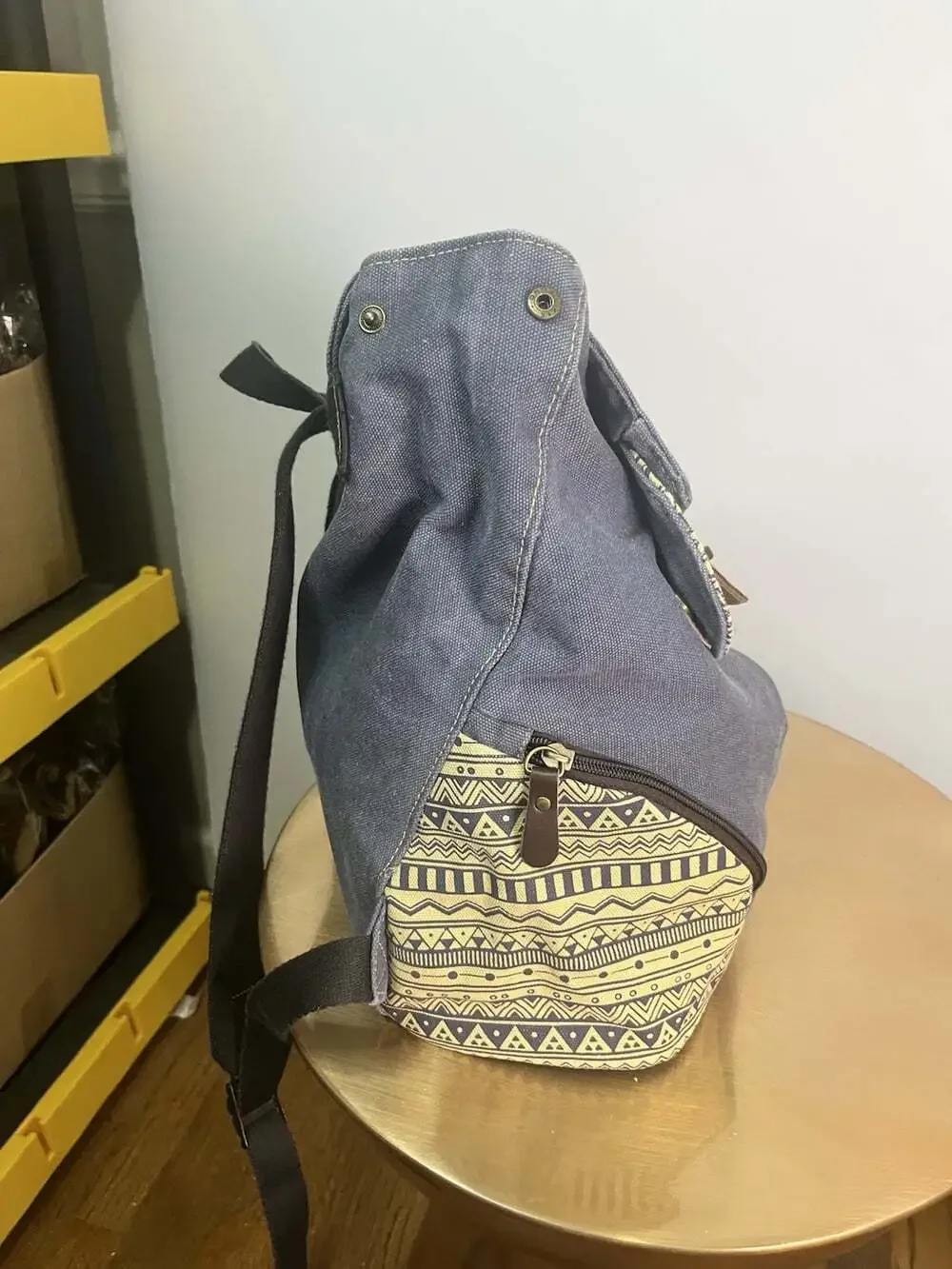 Douguyan Canvas Backpack Navy Boho Aztec Southwest Pockets Tribal Brass Flap